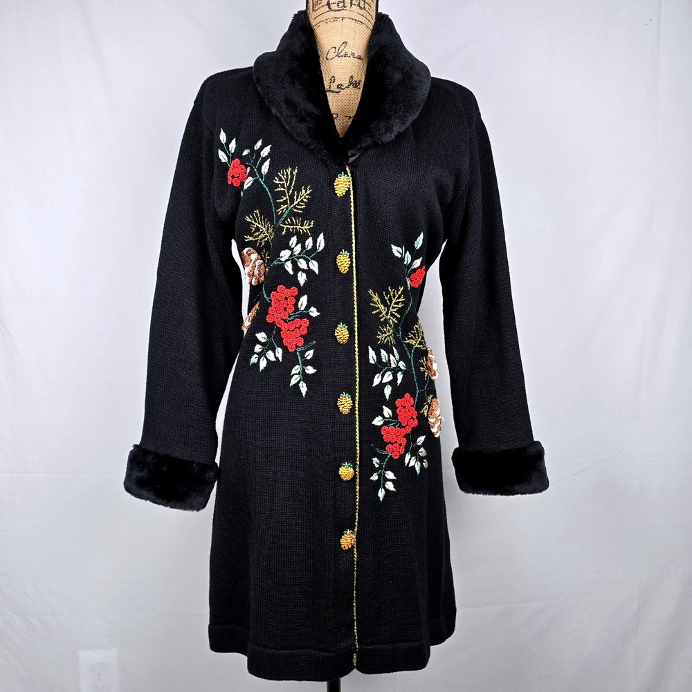 Storybook Knits Black Beaded Floral Cardigan Sweater Coat Faux Fur Trim Medium - Picture 8 of 16